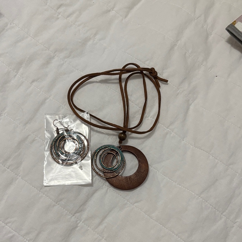 Brown Leather Necklace with Silver Hoop Earrings